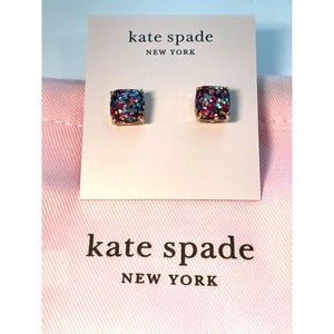 Brand New Kate Spade Square Gold Tone Rainbow Glitter Stud Earrings & Dust Bag!